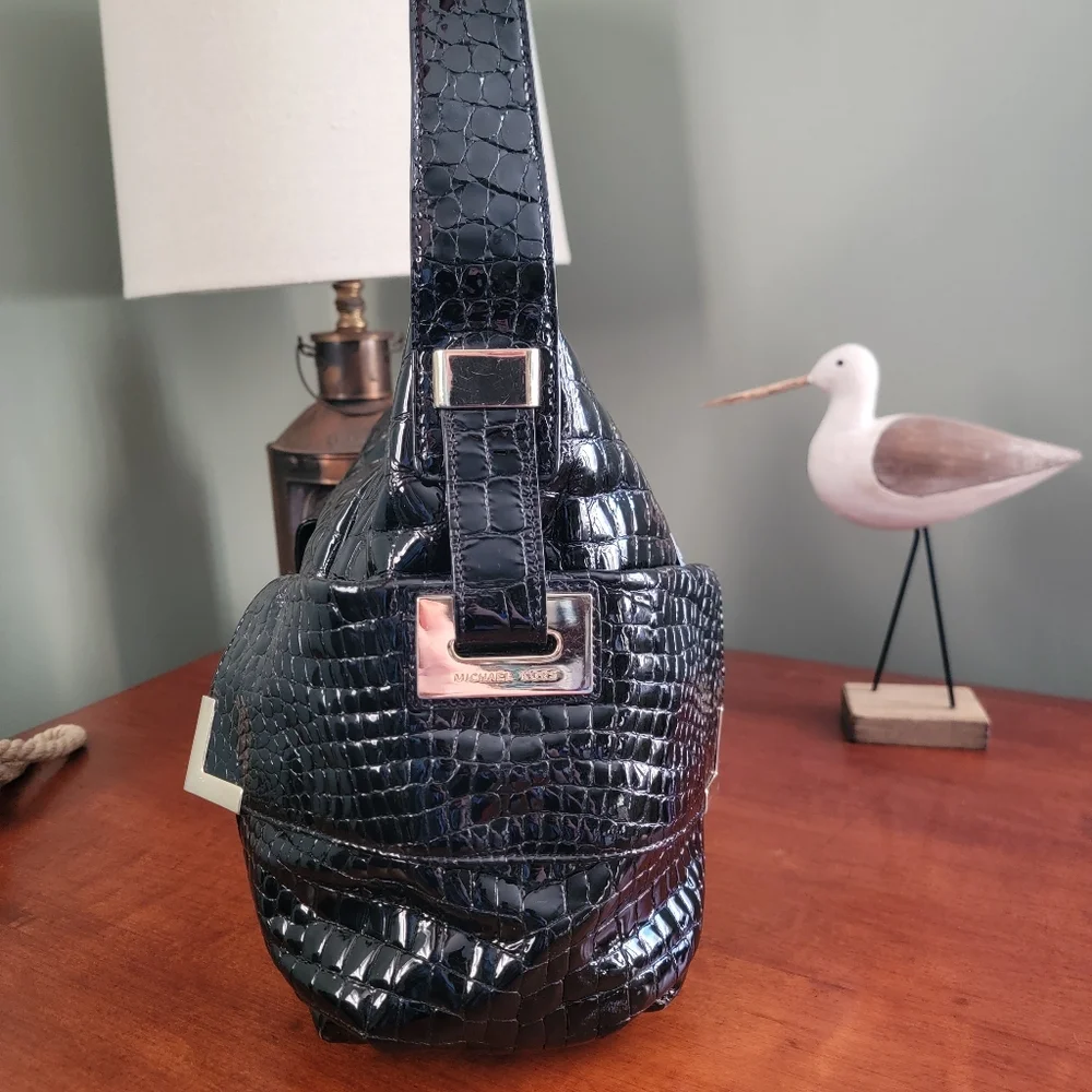 MICHAEL Michael Kors Croc Embossed Black Patent Leather Hobo Bag Y2K